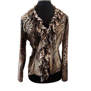 Clara Sun Woo Liquid Leather Animal Print Ruffles Zip Jacket Size Medium